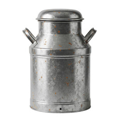 A weathered galvanized metal milk can with a lid and handles, featuring a distressed, rusty surface, perfect for rustic decor or farm themed designs.