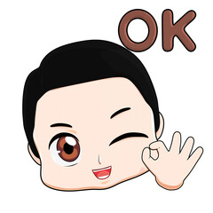 Cartoon boy winking with an “OK” hand sign. Expresses agreement or approval with a confident and playful attitude.

