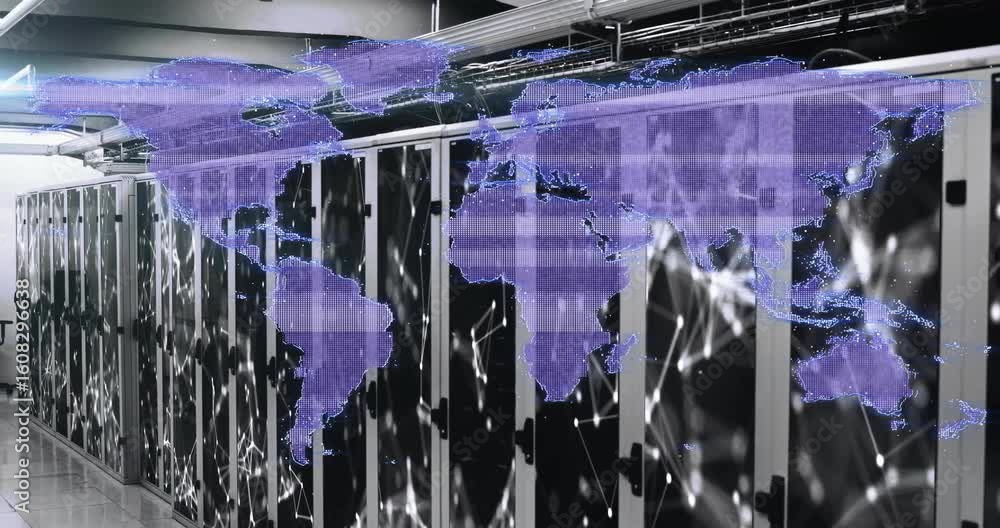 Poster when powering on server racks projecting purple world map hologram showing data flow for monitoring