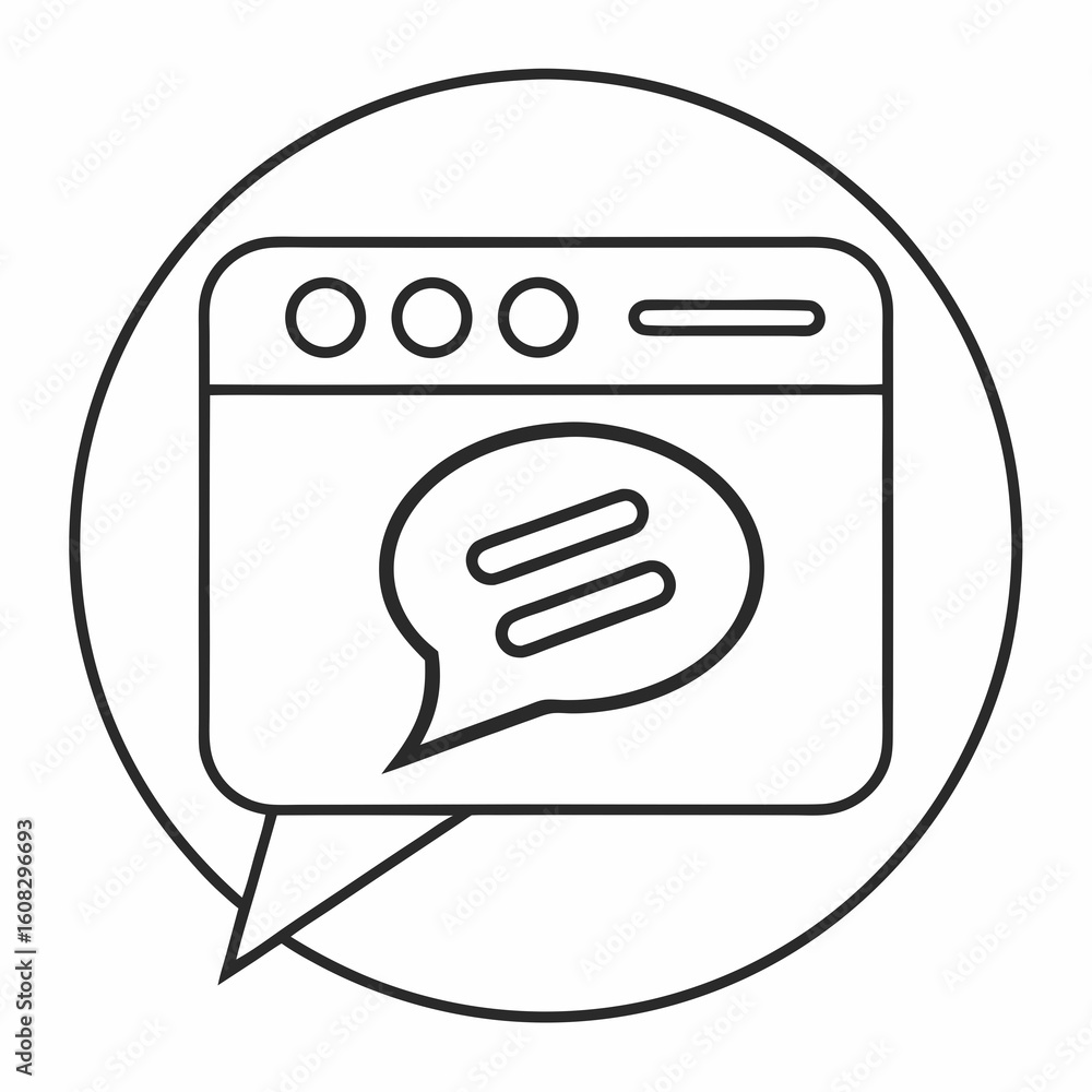 Poster web browser with speech bubble icon. outline vector illustration representing online chat, digital c