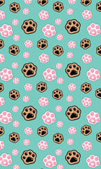 A cute and playful seamless pattern of cartoon animal paw prints on a teal background