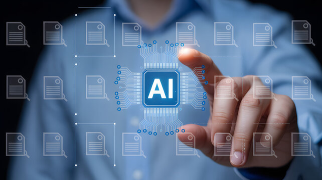 Person interacting with AI technology, data analysis, digital transformation