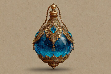 Ornate antique fantasy potion bottle with blue gemstone glass