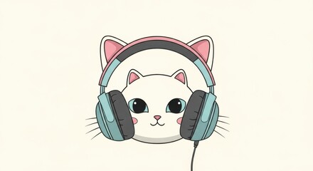 Adorable Kitten Enjoys Music Wearing Cute Headphones and Listening to Favorite Melodies