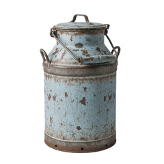 An old, weathered light blue milk can with a lid and handle, showing signs of rust and wear. Perfect for rustic decor or farm themed designs.