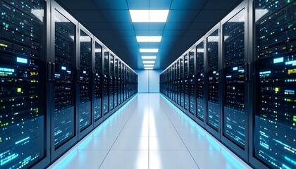 Server room interior, rows of black server racks, illuminated