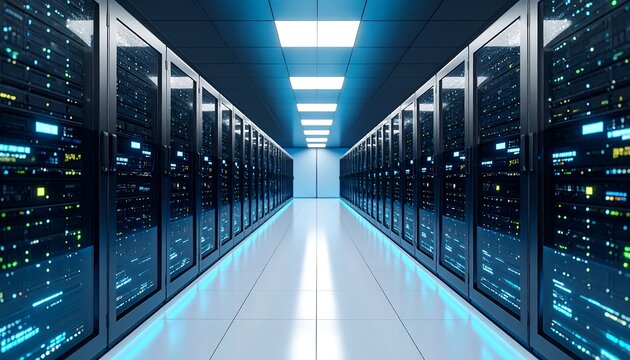 Server room interior, rows of black server racks, illuminated