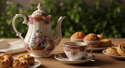 Elegant porcelain teapot and cup set filled with warm tea surrounded by freshly baked pastries on a wooden table