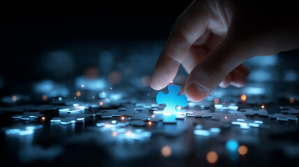 Businessman hand finger touch glowing blue jigsaw puzzle piece on digital screen.