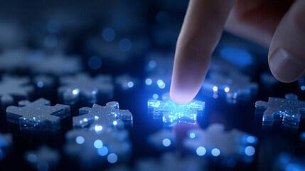 Fototapeta premium Businessman hand finger touch glowing blue jigsaw puzzle piece on digital screen.
