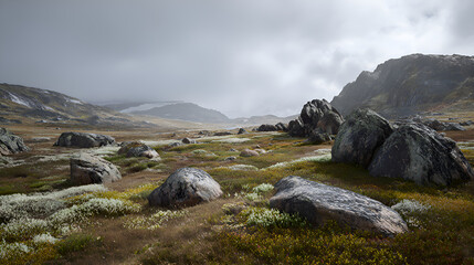 Obraz premium Wildflowers blooming in a harsh mountain landscape under cloudy sky