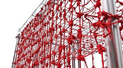 Vibrant Red Rope Net Structure with Intricate Knots and Metallic Frame Against White Background, Featuring Interconnected Design and Modern Abstrac...