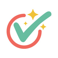 Green checkmark with stars inside a red circle. Cartoon-style success or approval symbol with decorative sparkles for celebratory or validated content.   © The Creative Idea