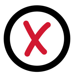 : Red cross symbol enclosed in a black circle. Represents error, cancellation, or wrong answer in user interface or feedback design.

