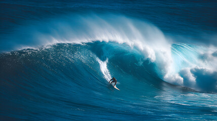 Naklejka premium Surfer riding big blue ocean wave at pipeline