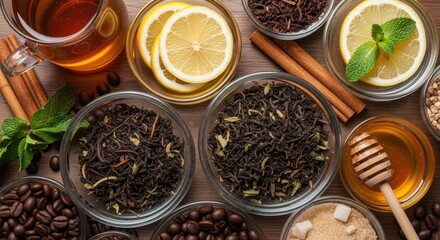 Aromatic Tea Varieties With Natural Ingredients Coffee Beans Sugar Cinnamon Sticks Mint Leaves And Honey A Delicious Beverage For Health And Wellness