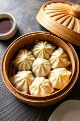 Fototapeta premium Assorted Soup Dumplings with Tea – Vibrant Dim Sum Experience