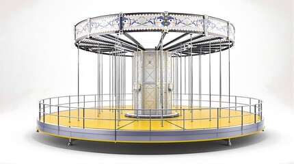 Empty Classic Fairground Swing Ride Structure Isolated. Vintage Amusement Park Carousel Frame with Yellow Base. 3D Render of Carnival Entertainment...