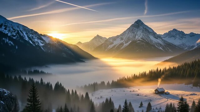Isolated Mountain Cabin in a Snowy Valley with Mist at Golden Hour