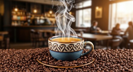 Steaming Hot Coffee Served in a Decorative Cup Surrounded by Fresh Coffee Beans in a Cozy Cafe Ambiance