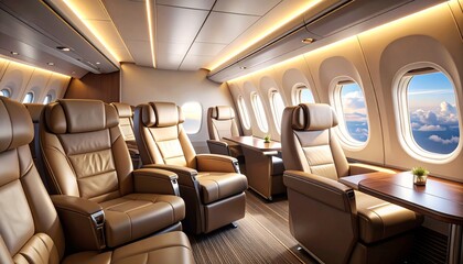 Inside a modern, empty train or airplane cabin with comfortable passenger seats and large windows, ready for travel and public transportation

