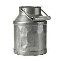 An aged, scratched metal milk can with a handle, showcasing a rustic and weathered surface, perfect for dairy, farming, or vintage country decor themes.