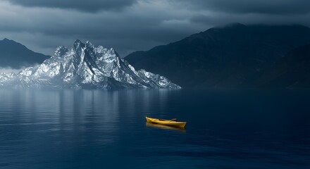 A yellow kayak floats on a serene lake with snow capped mountains in the background under a cloudy sky