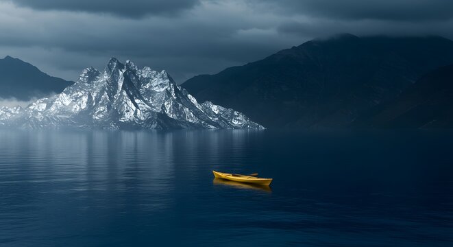 A yellow kayak floats on a serene lake with snow capped mountains in the background under a cloudy sky - Powered by Adobe