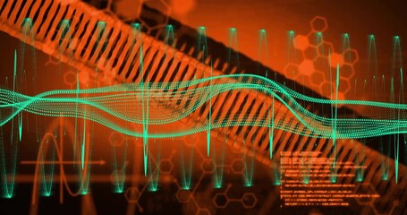 Scene starting turquoise waveform pulsing shifting helix code blinking hex fading showing data flow - Powered by Adobe