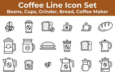 Coffee Line Icon Set. Beans, Cups, Grinder, Bread, Coffee Maker. A minimal coffee themed line icon set featuring beans, mugs, grinders, coffee makers, bread, cups, and other café-related items