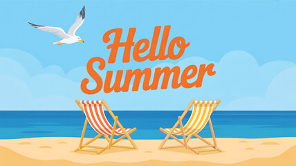 Hello Summer vector design with beach chairs on sandy coast and seagull flying above calm sea vacation time