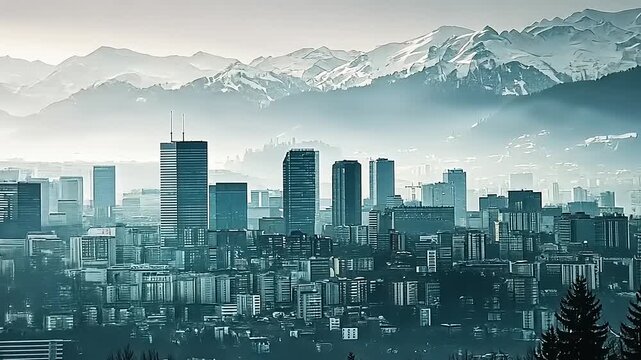 A panoramic view of a modern city skyline against a backdrop of majestic snow-capped mountains