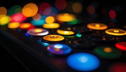 Illuminated control panel buttons glow brightly in the dark, suggesting a music production or DJ setup.