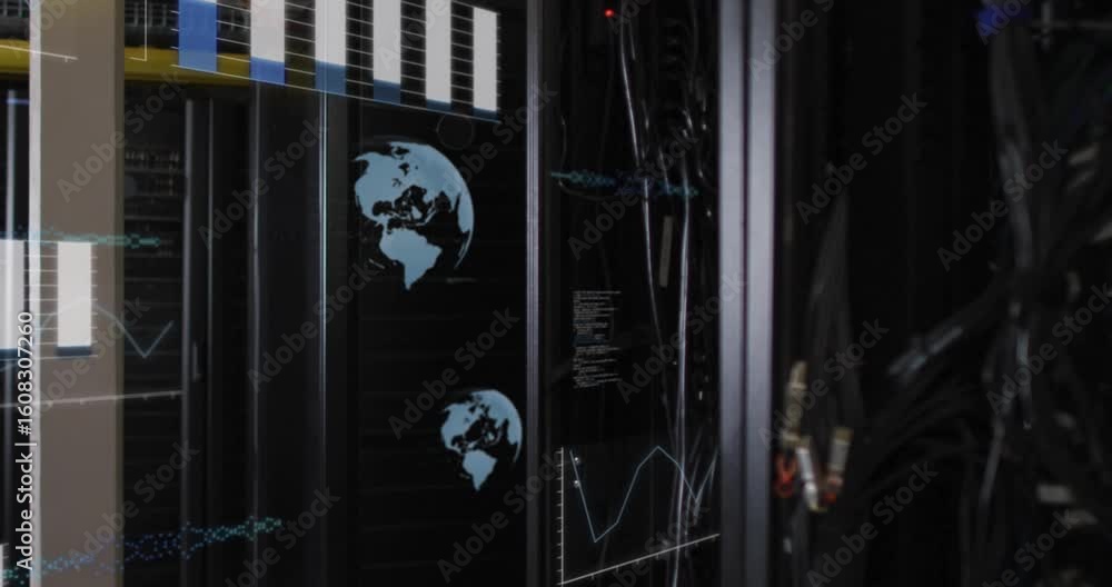 Aufkleber opening static server rack visualizing data bar chart appearing, globes growing and code scrolling