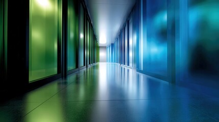 Modern Data Center Corridor with Colorful Glass Walls