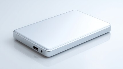 Sleek silver rectangular external hard drive on a glossy white surface, corner view