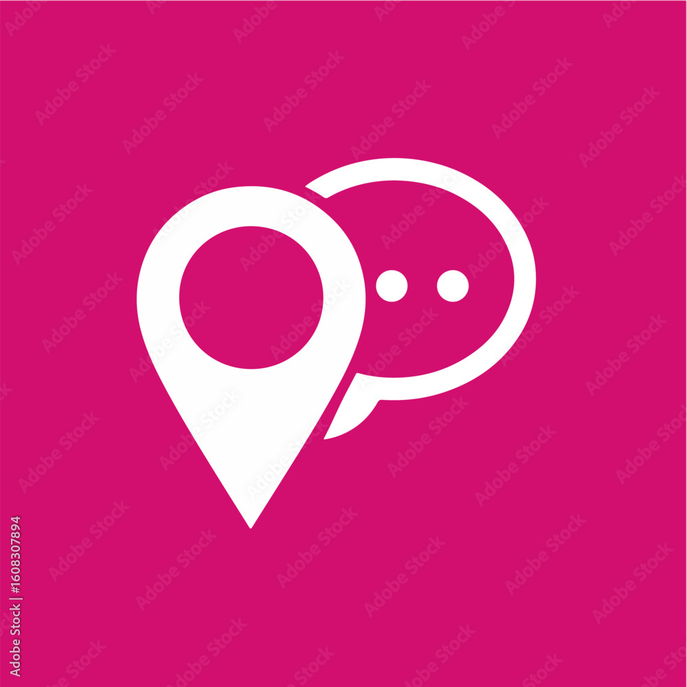 Poster white vector icon of a map pin and a speech bubble on a pink background, representing location shari