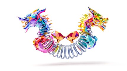 Obraz premium Vibrant Low Poly Dragons Connected by Spring: Abstract Geometric Art, Faceted Crystal Design, Colorful Fantasy Digital Illustration on White Backgr...