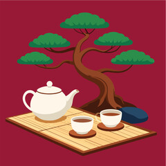 Tranquil oriental tea ceremony scene featuring a white teapot, two cups on a bamboo mat, and a bonsai tree against a serene maroon background.