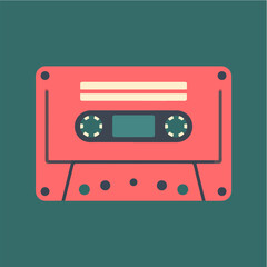 Obraz premium Retro-styled vector illustration of a red audio cassette tape on a dark teal background evoking nostalgia and vintage vibes for design and creative projects.
