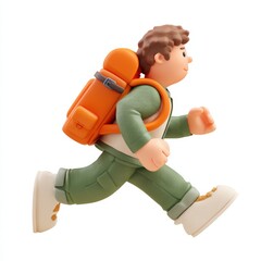 Cartoon Character Running with Backpack Isolated on White Background Side View