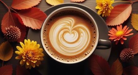 Cozy Autumn Coffee Break Surrounded by Fall Foliage and Flowers