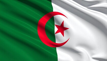 Waving Flag of Algeria - Green, White, Crescent & Star of North Africa