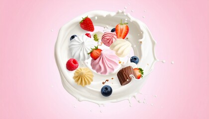 Fototapeta premium Whimsical Milk Splash with Colorful Merengues, Berries, and Chocolate