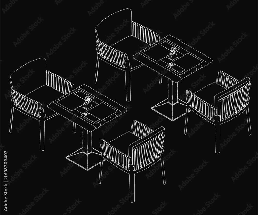 Poster a symmetrical line drawing of a table and chairs on a black background, featuring clean contours and