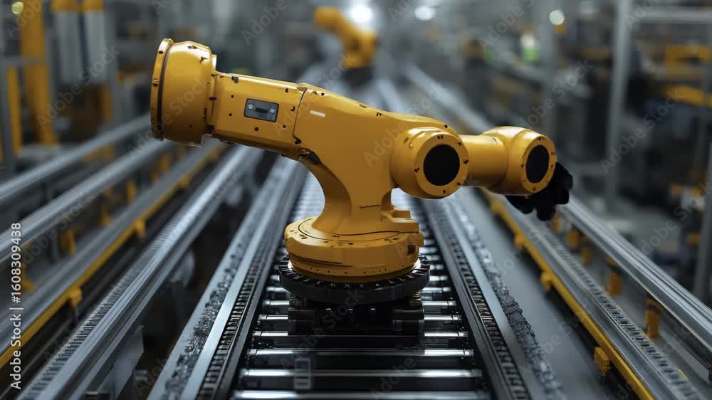 Poster robotic arm technology performing automated tasks on a conveyor belt in a modern industrial setting