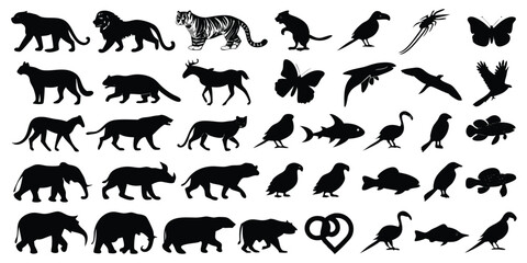 A collection of animal silhouettes displaying different species from various categories presented against a white background.