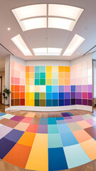A vibrant display of color swatches arranged on walls and floor.