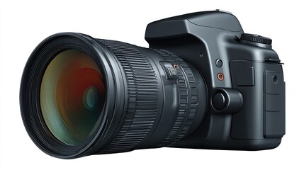Professional-looking black camera angled to the right, with a large lens