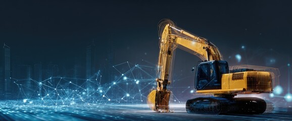 Futuristic excavator with digital network overlay